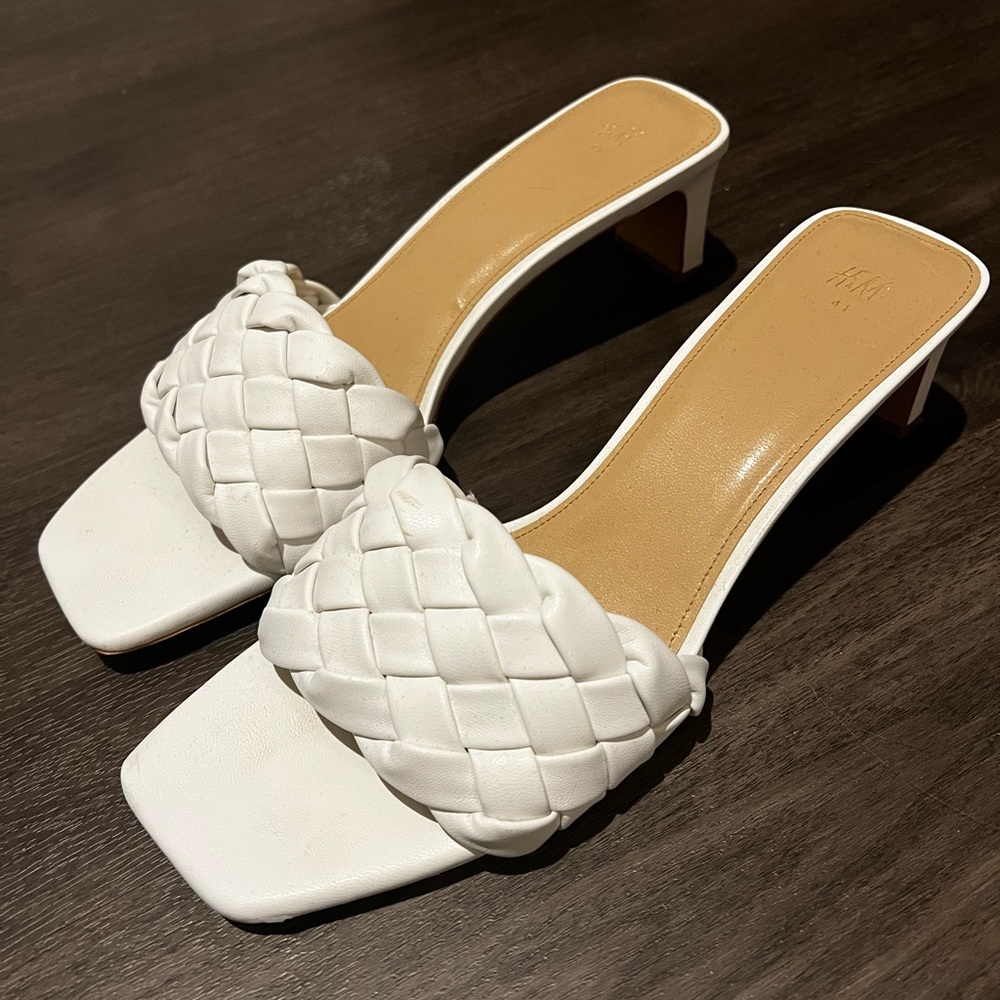 White Braided Slip on Heeled Sandals